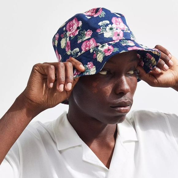 UO Urban Outfitters Navy Blue Floral Print Bucket Hat Unisex Mens Womens - Picture 1 of 8